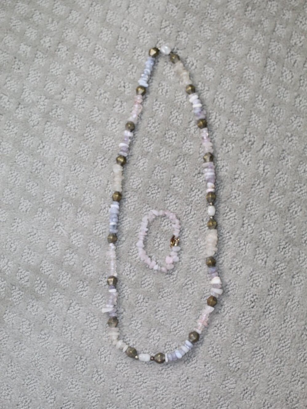 Set of 2 Handmade Rose Quartz Chip Gemstone Jewelry Necklace & Bracelet